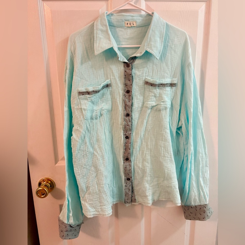 POL Light Blue Button-Down Shirt with floral details